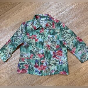 Erin London linen blend Palm‎ Floral 3/4 sleeve with mesh button down sz Med